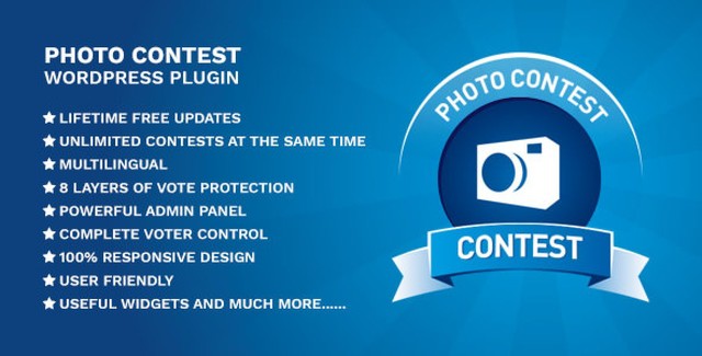 Photo Contest WordPress Plugin interface showing competition settings and voting options