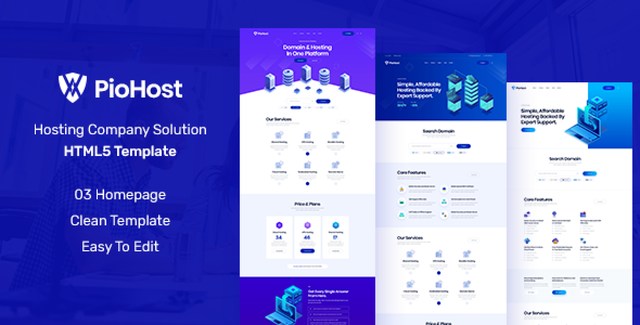 Piohost web hosting WordPress theme preview showing creative layouts and Elementor integration