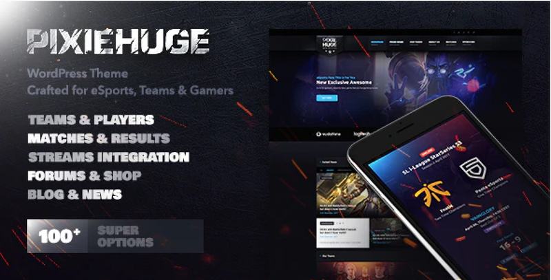 PixieHuge esports WordPress theme dashboard showing team management, match tracking, and player profiles in dark gaming aesthetic