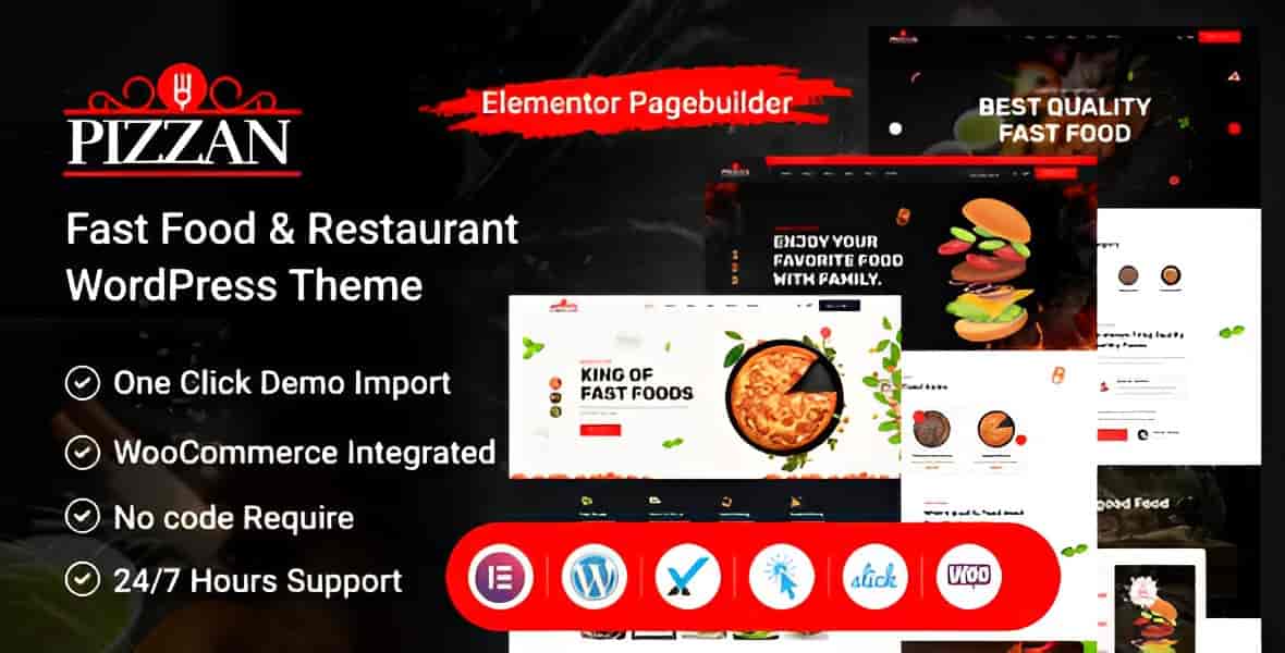 Pizzan fast food and restaurant WordPress theme demo showcasing responsive restaurant website layout with Elementor