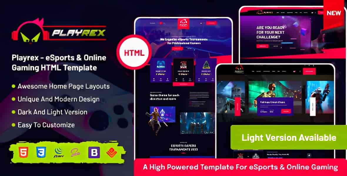 Playrex esports gaming HTML template preview showing clan and gaming news website layout