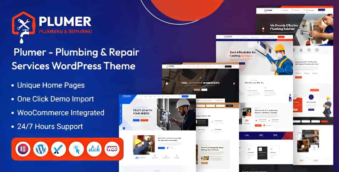 Plumer plumbing WordPress theme homepage layout with service sections and contact form