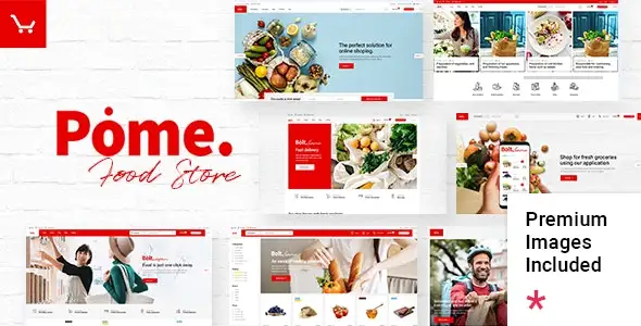 Pome food store WordPress theme demo showing a modern grocery and food delivery website layout
