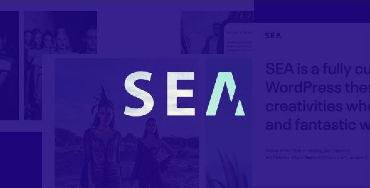 SEA creative portfolio WordPress theme homepage layout with drag-and-drop builder interface