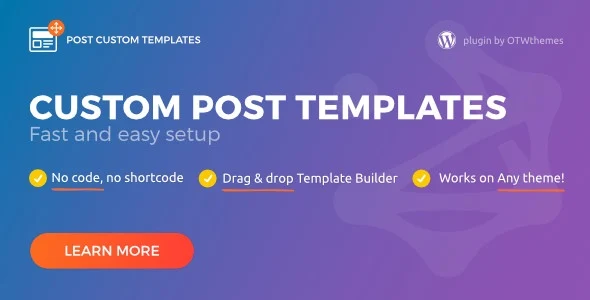 Custom Post Templates Pro WordPress plugin interface showing drag and drop builder with 18 responsive templates