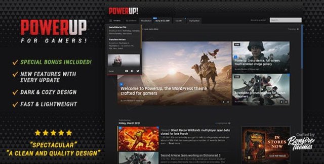 PowerUp WordPress gaming theme preview showcasing dark design for video game websites