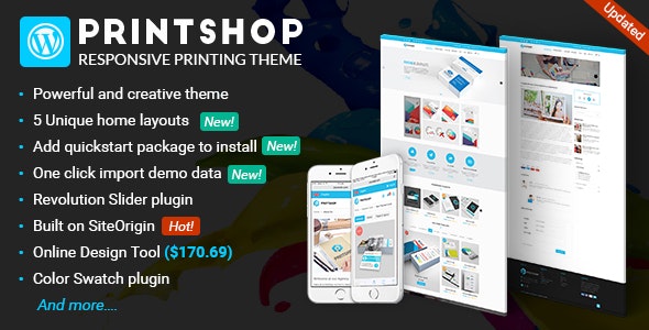 Printshop WordPress printing theme dashboard showing responsive layout options and WooCommerce product settings