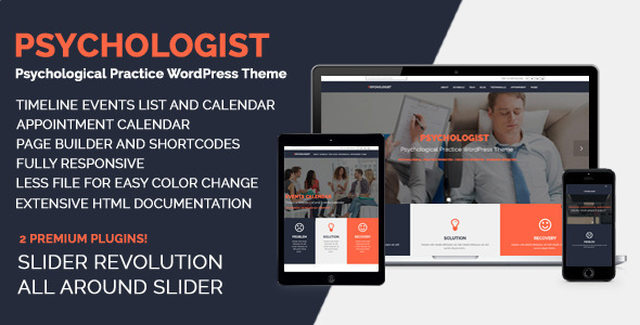 Psychologist WordPress theme demo showing a clean mental health practice website layout