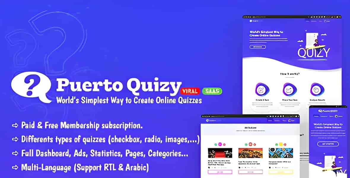 Puerto Quizy online quiz builder script interface showing quiz creation tools