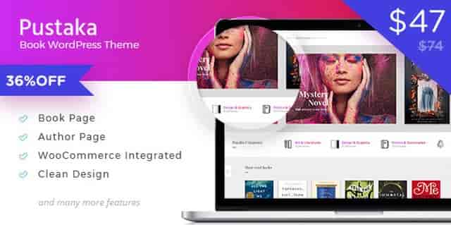 Pustaka WordPress theme demo showing a bookstore website layout