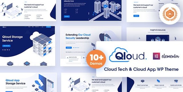 Qloud cloud computing WordPress theme demo showing modern technology website layout with Elementor page builder