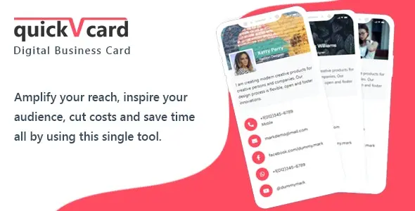 QuickVCard digital business card SaaS PHP script interface showing QR code generation and contact sharing features