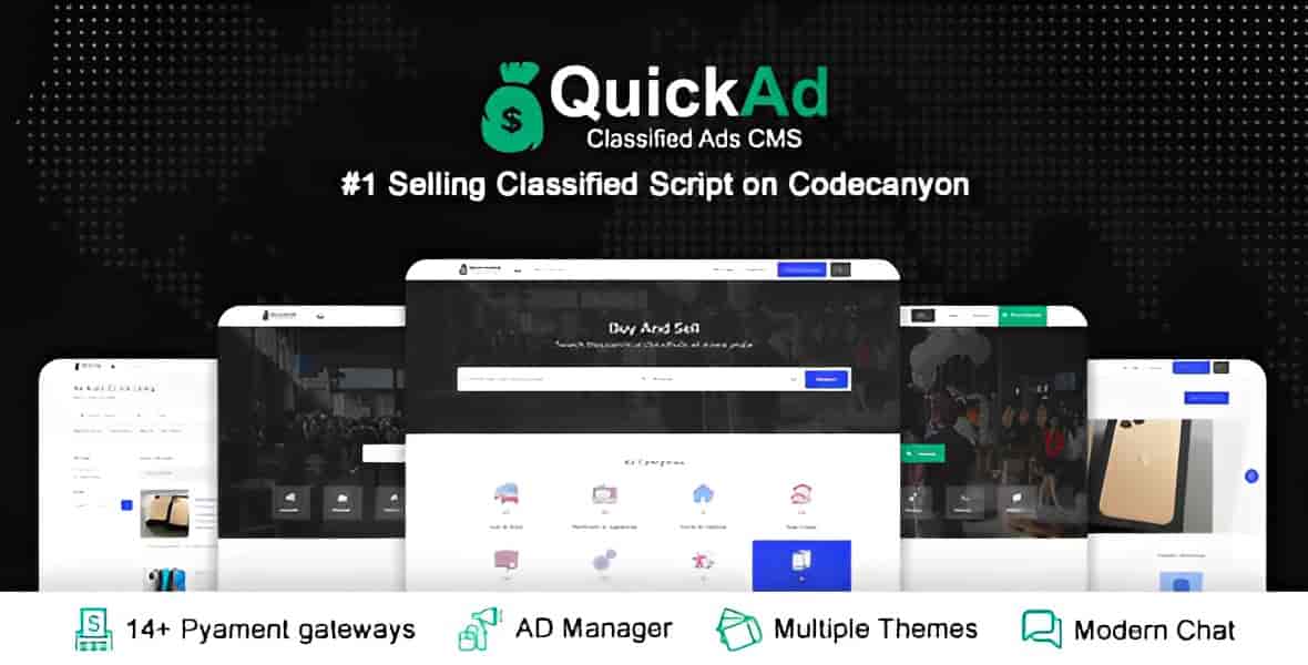 Quickad Classified PHP script interface showing responsive classified ads listing with Material Design layout