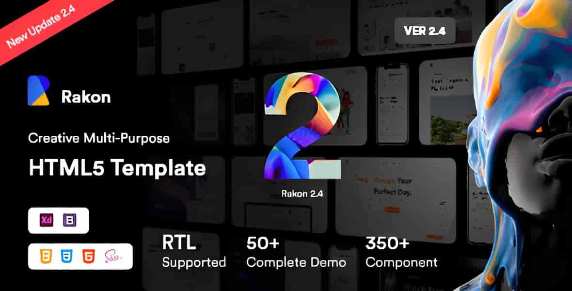 Rakon creative multi-purpose HTML5 template preview showing responsive layout and RTL support