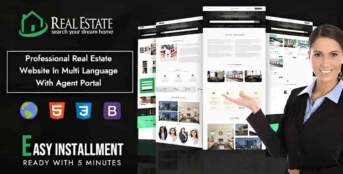 Real estate PHP script portal interface showing property listings and admin dashboard