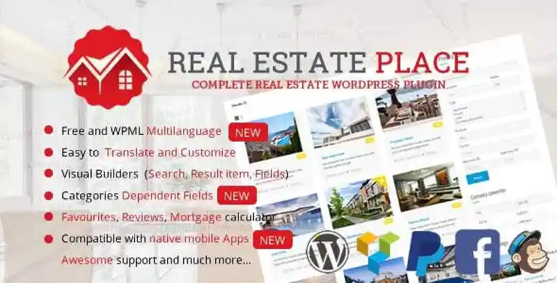 Real Estate Portal WordPress Plugin dashboard showing property listings, agent profiles, and search filters