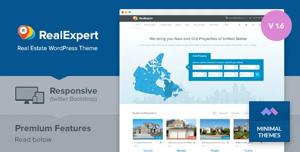 Real Expert responsive real estate WordPress theme demo showing property listings and map integration