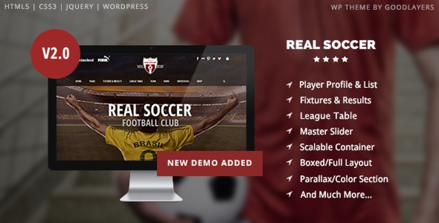 Real Soccer responsive WordPress theme displaying a sports club website with player profiles and league tables
