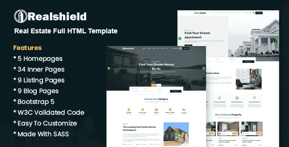 Realshield real estate HTML template preview showing responsive property listing layout with Bootstrap 5 design