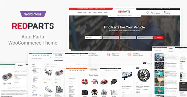 RedParts auto parts WooCommerce theme homepage with spaceship header layout and product catalog