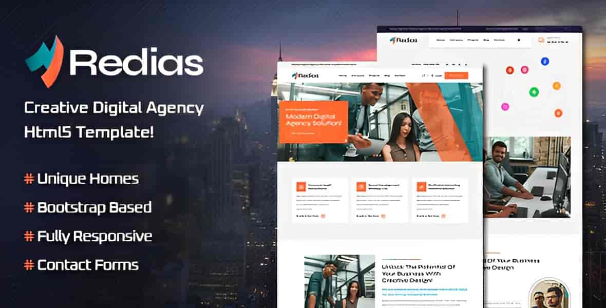 Redias creative digital agency HTML5 template preview showing responsive website layouts