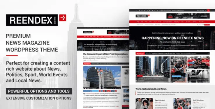 Reendex broadcast news magazine WordPress theme demo layout