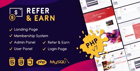 Refer and Earn PHP Script dashboard showing affiliate referral management and payment gateway settings