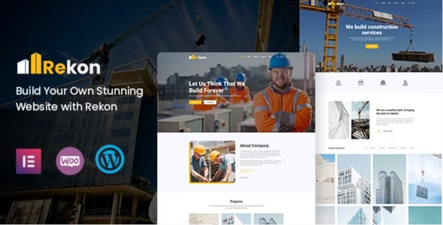 Rekon construction WordPress theme preview showing modern responsive design for architecture and building companies