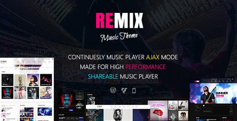 Remix WordPress theme demo showing a modern music band website layout