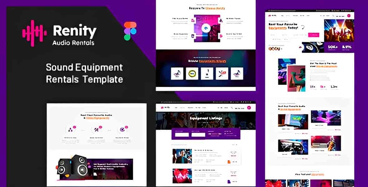 Renity audio equipment rental HTML template preview showing professional website layout