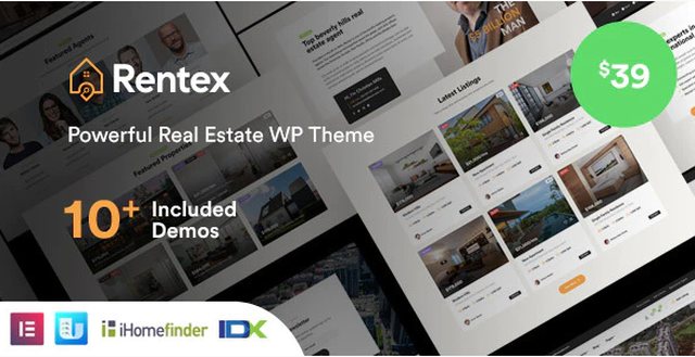 Rentex real estate WordPress theme homepage demo showcasing property listings