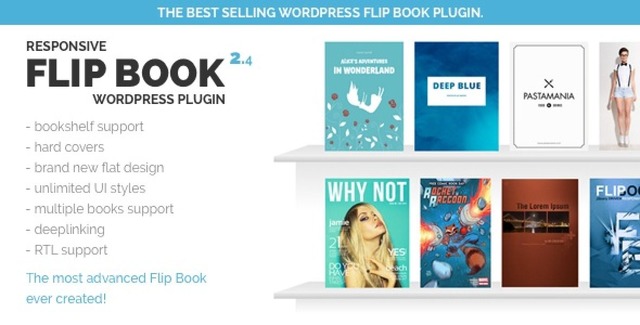 Responsive FlipBook WordPress Plugin interface showing interactive HTML5 digital catalog with page-turning effect on desktop and mobile devices