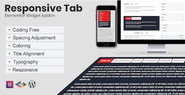 Responsive Tab Elementor Addon Plugin interface showing tab and accordion views