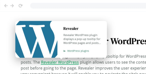 Revealer WordPress plugin showing link preview popup tooltip with featured image, excerpt, and post meta on a blog article page