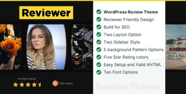Reviewer entertainment review WordPress theme screenshot showing star ratings and review layout