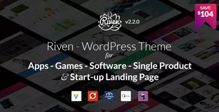 Riven WordPress app and game landing page theme showcasing modern one-page layout with hero slider and feature sections