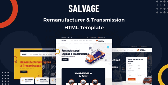 Salvage remanufacturer HTML template showing modern responsive website layout for mechanical and transmission businesses