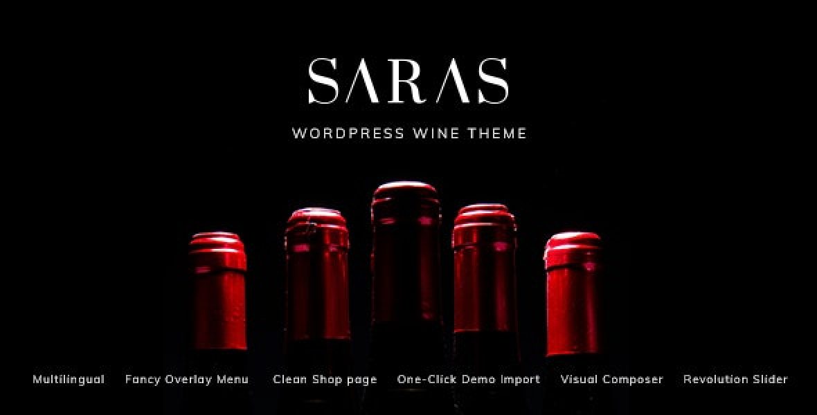 Saras Wine WordPress theme homepage preview showing elegant vineyard website design with light color scheme and dark footer