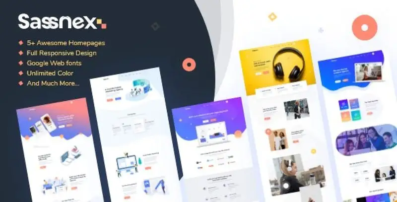 Sassnex WordPress theme homepage preview showing SaaS startup layout with Elementor PRO