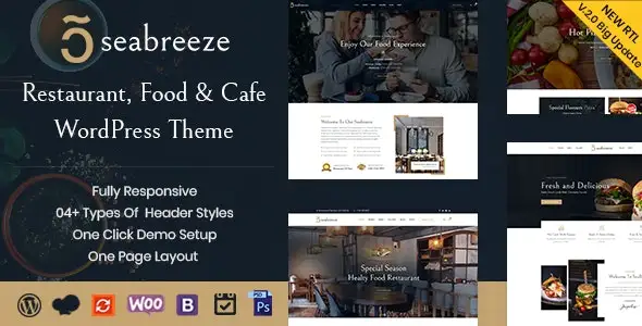 Seabreeze restaurant and cafe WordPress theme demo preview on desktop and mobile