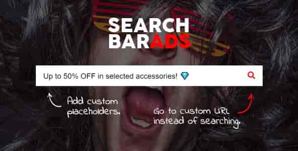 Search Bar Ads WooCommerce plugin interface showing promotional ad in search field