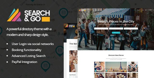 Search & Go modern WordPress directory theme with Elementor PRO builder interface showing listing and search features