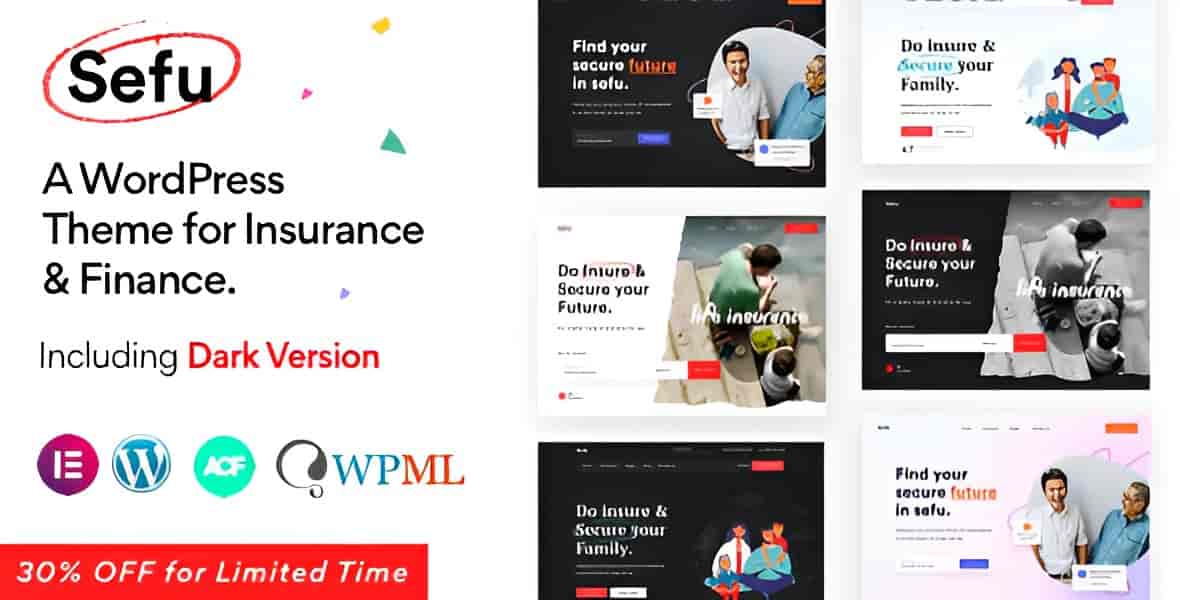 Sefu insurance and finance WordPress theme with Elementor and Bootstrap responsive design