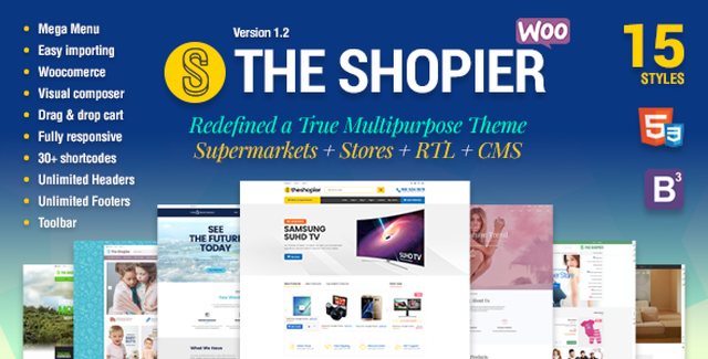 Shopier responsive WooCommerce WordPress theme homepage preview showing e-commerce store layout