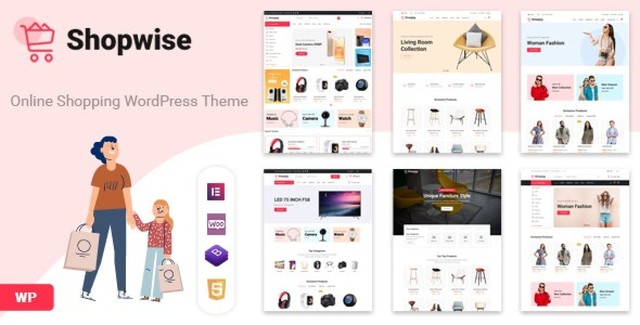 Shopwise WooCommerce WordPress theme showcasing a clean minimal online store layout with Elementor page builder