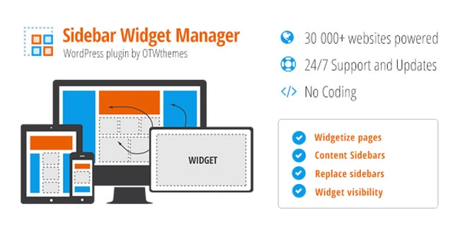 WordPress sidebar and widget manager plugin interface showing responsive grid layout tools