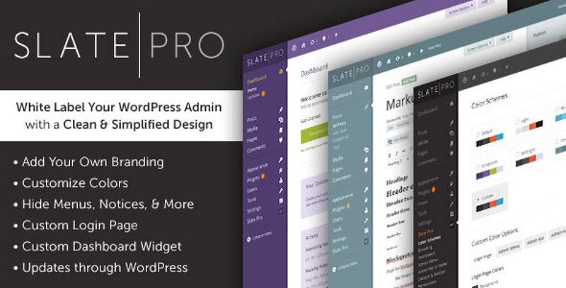 Slate Pro WordPress admin dashboard showing custom branded login screen and white-labeled admin interface