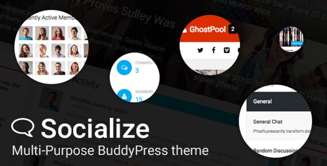 Socialize multipurpose BuddyPress WordPress theme showing community and forum layout