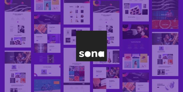 Sona digital marketing agency WordPress theme preview showing creative portfolio layouts