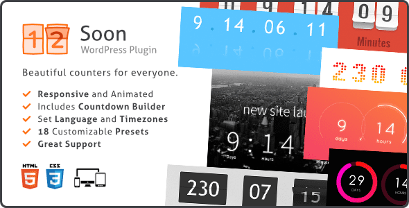 Soon Countdown Builder WordPress plugin interface showing visual timer editor with template library